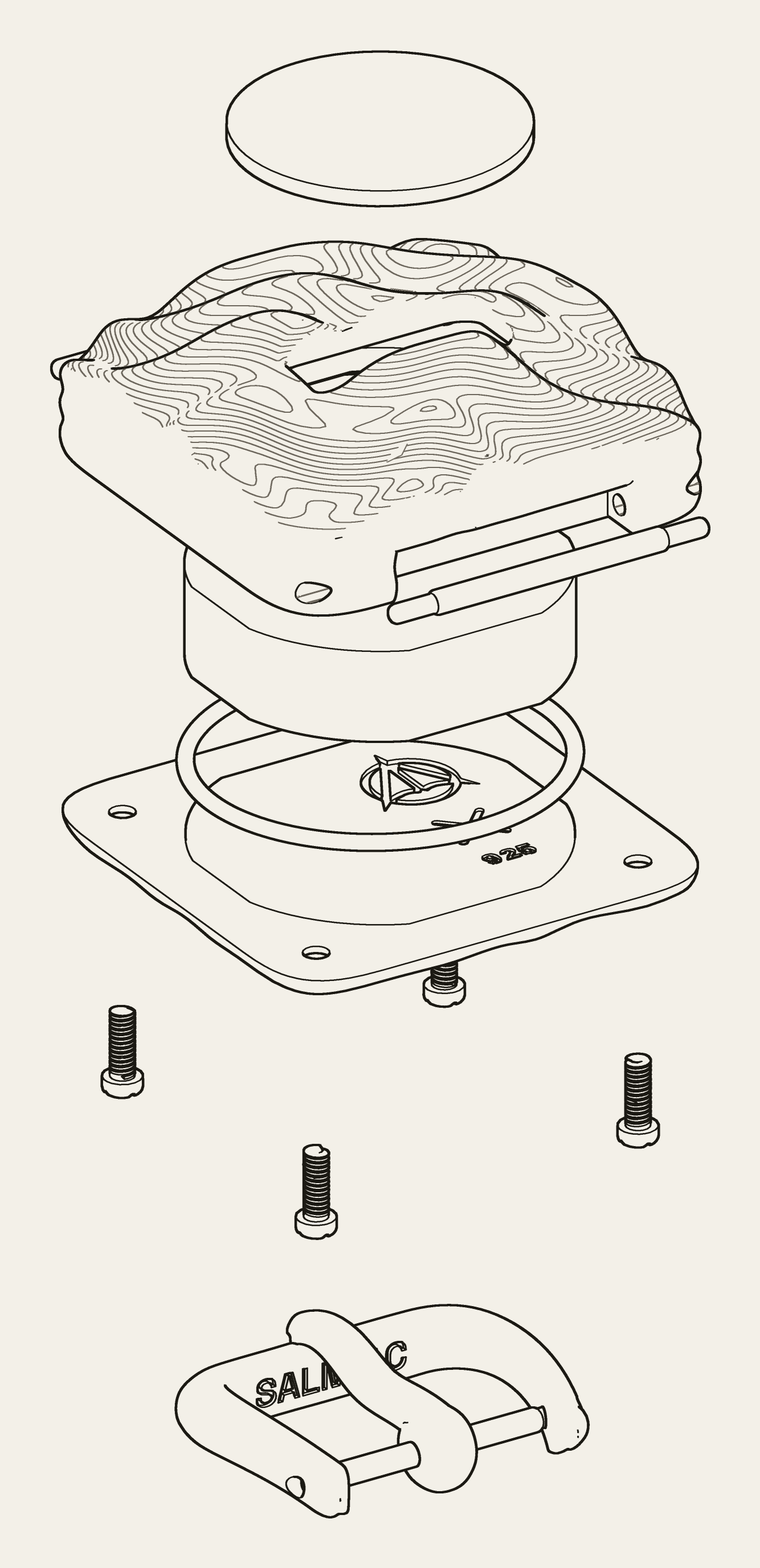 Exploded drawing of Askja: crystal, case with two spring bars, Casio module, gasket, caseback, four screws and the buckle, stacked in the order they come apart